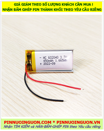 Pin sac 3.7v Lipolymer 602040, Pin sạc 3.7v Li-polymer 602040 (6mmx20mmx40mm) 450mAh có mạch sẳn